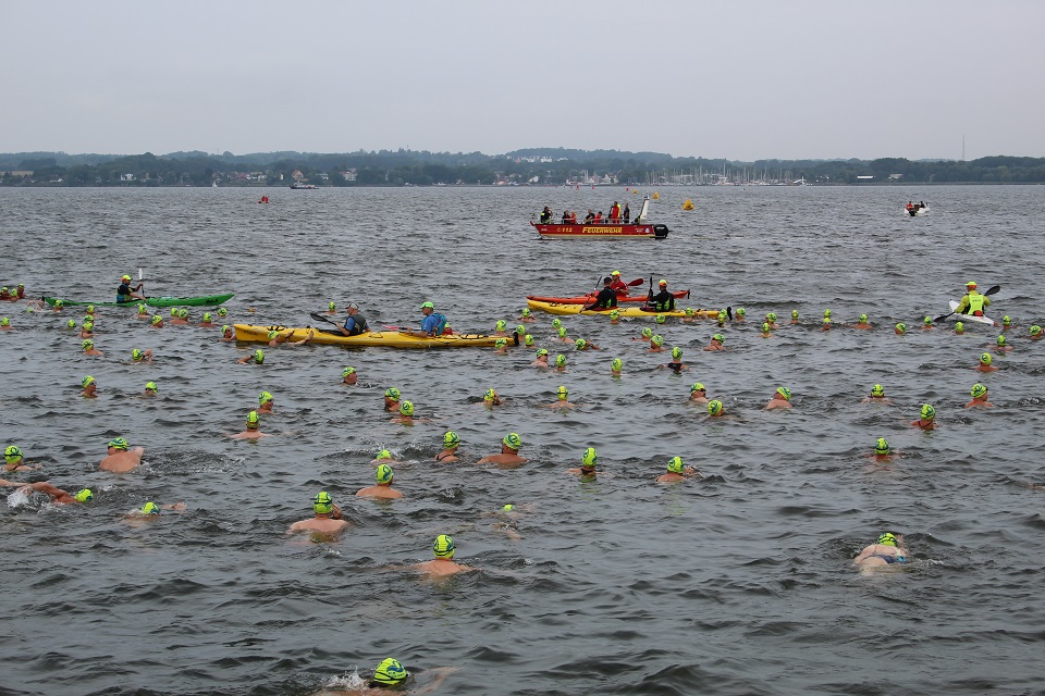Teilnehmende des Vilmschwimmens 2022 schwimmen von Lauterbach zur Insel Vilm auf Rügen