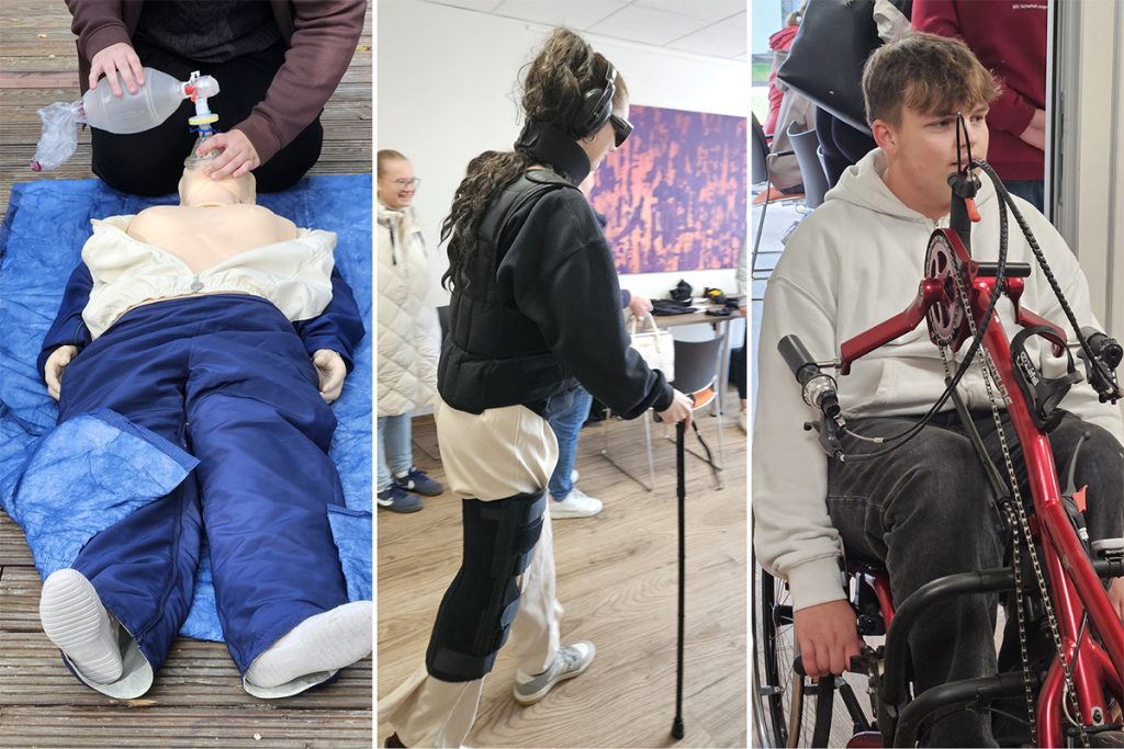 Auszubildende erleben beim Azubitag im Pflegehotel Stralsund einen Perspektivwechsel durch praktische Stationen zu Demenz, Alterung, Notfallversorgung und Rehabilitation.