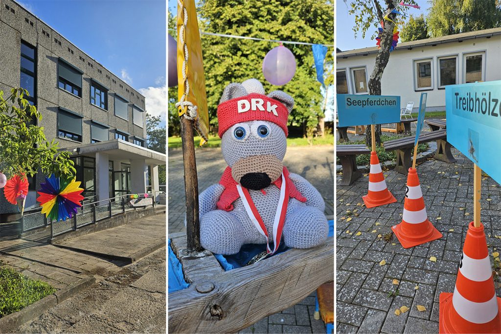 Erster Schultag an der DRK-Schule Rügenwind in Patzig: Schülerinnen und Schüler versammeln sich auf dem bunt geschmückten Schulhof. Drei neue Kinder mit Zuckertüten werden feierlich begrüßt.