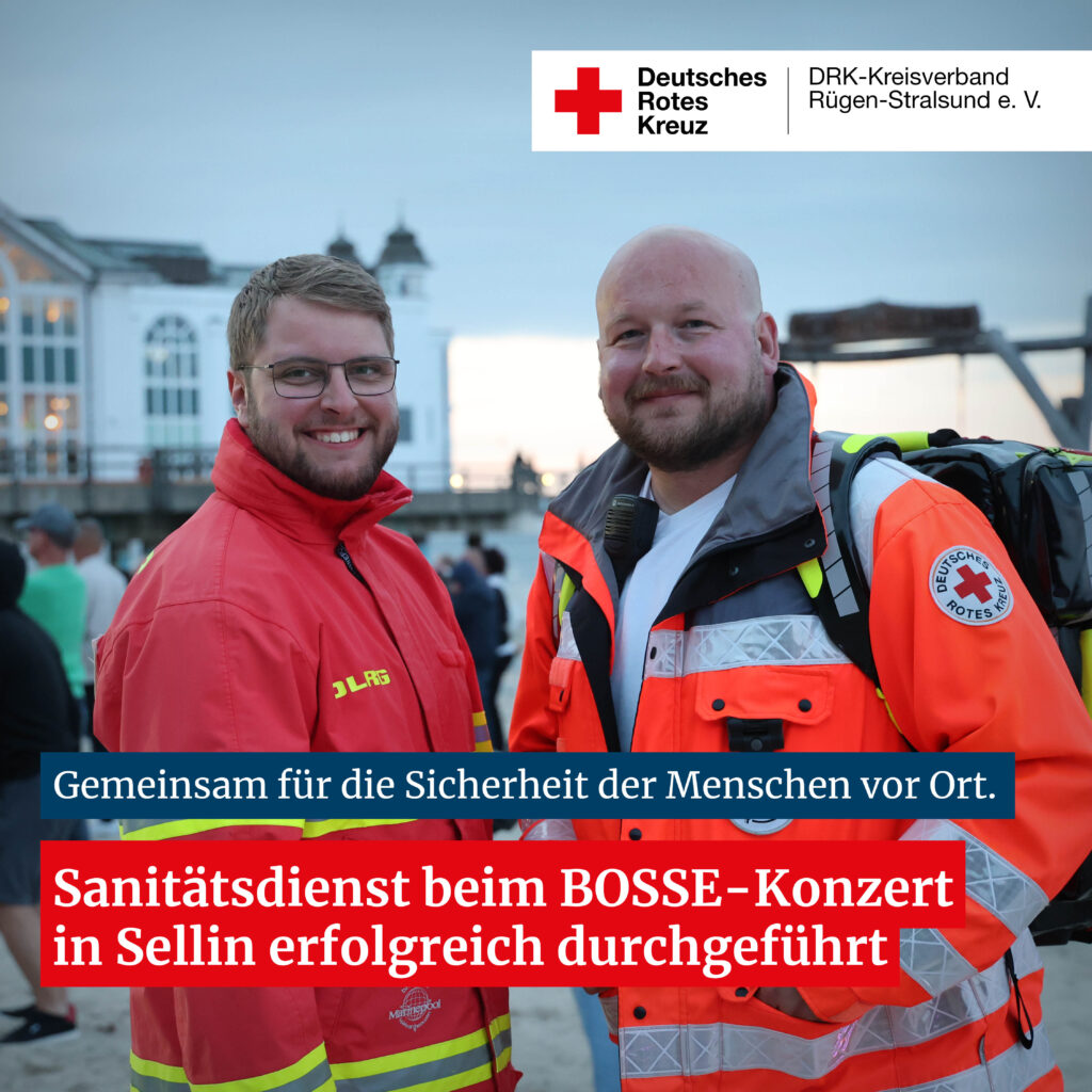 Am Freitag, den 24. Juli, unterstützten Kameradinnen und Kameraden des Sanitätszuges Rügen sowie der Medical Task Force die Durchführung des BOSSE-Konzerts in Sellin mit einem sanitätsdienstlichen Einsatz.